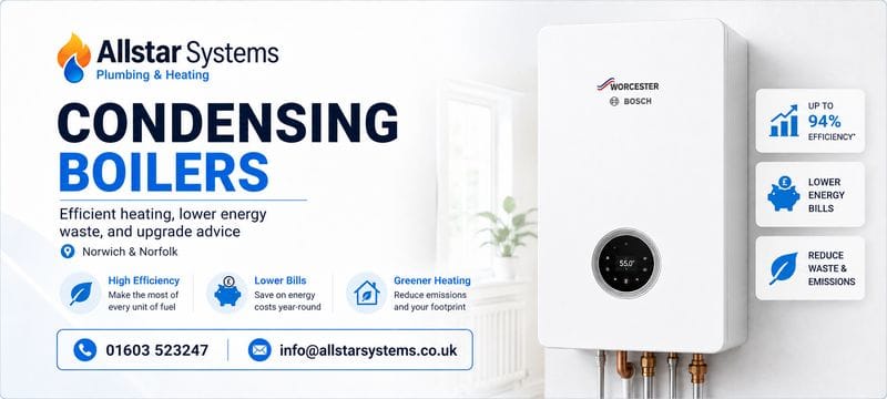 Condensing Boilers Norwich: Are They a Viable Investment? | Allstar Systems Ltd Allstar Systems condensing boilers image showing efficient home heating, lower energy bills and condensing boiler advice in Norwich and Norfolk