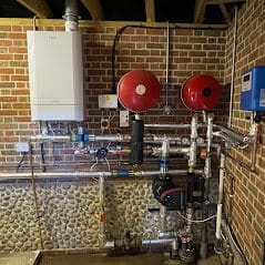 Commercial gas boiler installation in Norfolk with Worcester boiler, expansion vessels and heating pipework