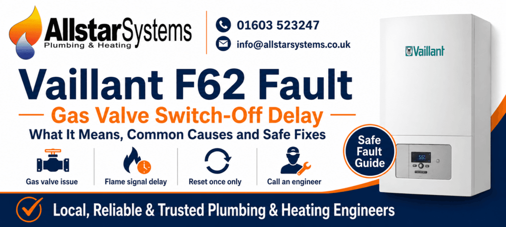 Vaillant F62 Fault: What It Means, Common Causes and Safe Fixes | Allstar Systems Ltd Vaillant F62 gas valve switch-off delay guide from Allstar Systems Plumbing and Heating