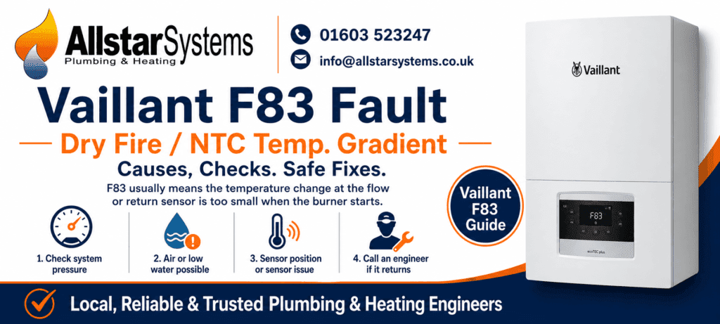 Vaillant F83 Fault: Causes, Checks and Safe Fixes | Allstar Systems Ltd Vaillant F83 dry fire guide from Allstar Systems Plumbing and Heating