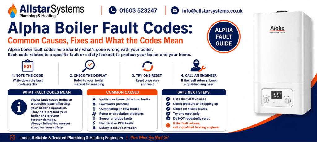 Alpha Boiler Fault Codes: Common Meanings, Fixes and Safe Solutions | Allstar Systems Ltd Alpha boiler fault codes guide explaining common boiler errors, ignition faults, low pressure, overheating, sensor faults and safe next steps from Allstar Systems Plumbing & Heating.