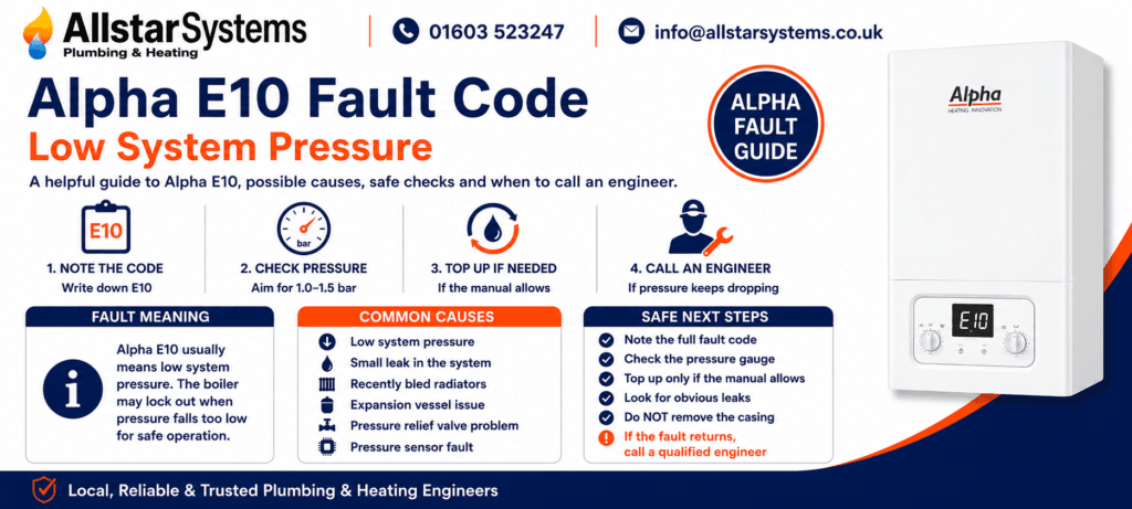 Alpha E10 Fault Code: Causes, Fixes and Low Pressure Solutions | Allstar Systems Ltd Alpha E10 fault code guide explaining low system pressure, pressure gauge checks, topping up the boiler safely and engineer advice from Allstar Systems Plumbing & Heating.