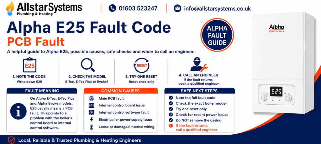 Alpha E25 Fault Code: Causes, Fixes and Safe Checks | Allstar Systems Ltd Alpha E25 fault code guide explaining a PCB fault on Alpha E-Tec, E-Tec Plus and Evoke models, with safe checks and engineer advice from Allstar Systems Plumbing & Heating.