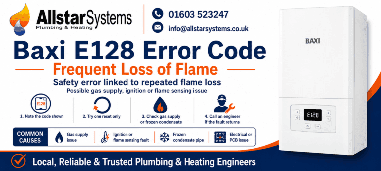 Baxi E128 fault code guide for a frequent loss of flame safety error, with safe boiler checks and engineer advice from Allstar Systems Plumbing & Heating.