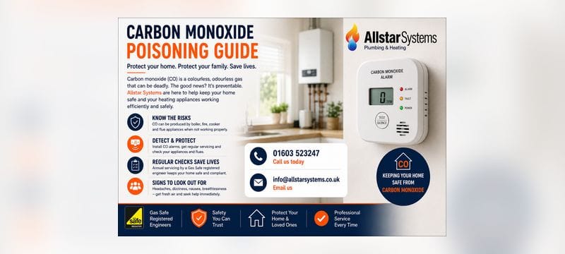 Carbon Monoxide Poisoning Guide: Symptoms, Risks and Prevention | Allstar Systems Ltd Allstar Systems carbon monoxide poisoning guide image showing a CO alarm, gas safety advice, warning signs, prevention tips and safety checks for homes and businesses