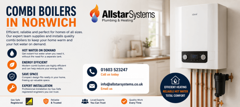 Allstar Systems combi boilers image showing a modern wall-mounted boiler, efficient heating, reliable hot water, space saving benefits and expert installation