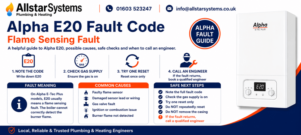 Alpha E20 fault code guide explaining a flame sensing fault on Alpha E-Tec Plus models, gas supply checks, safe reset advice and engineer support from Allstar Systems Plumbing & Heating.