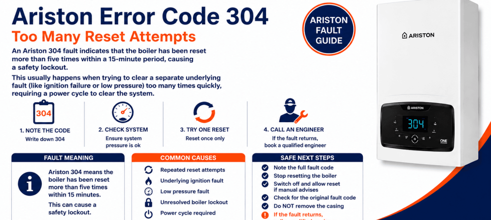 Ariston error code 304 guide explaining too many reset attempts, safety lockout, possible underlying faults and engineer advice from Allstar Systems Plumbing & Heating.