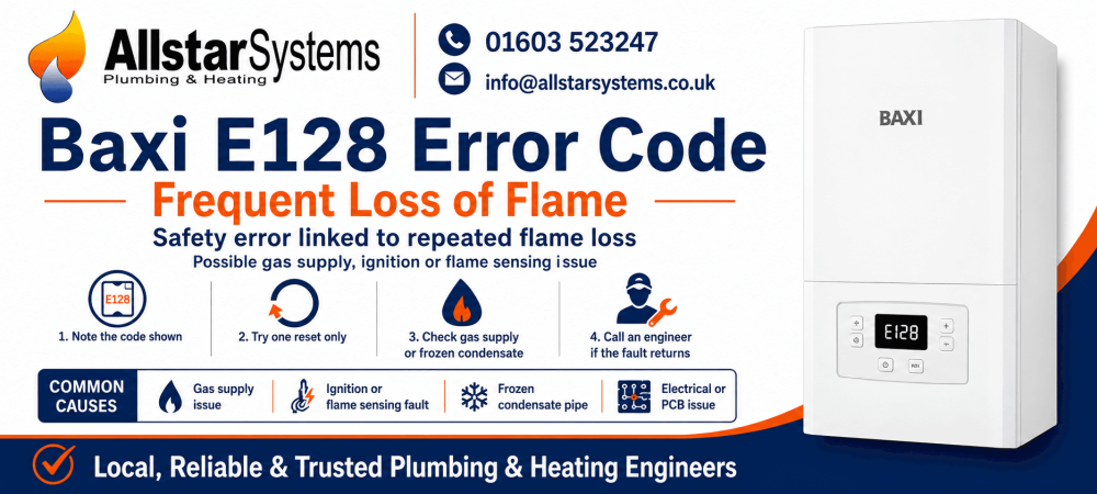 Baxi E128 fault code guide for a frequent loss of flame safety error, with safe boiler checks and engineer advice from Allstar Systems Plumbing & Heating.