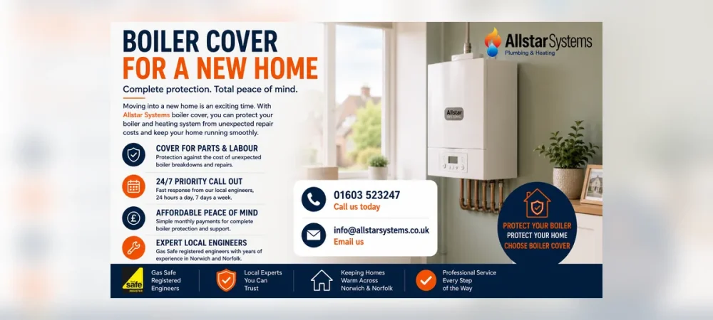 Allstar Systems boiler cover image showing a modern home boiler, boiler protection, servicing, repair support and peace of mind for new homeowners