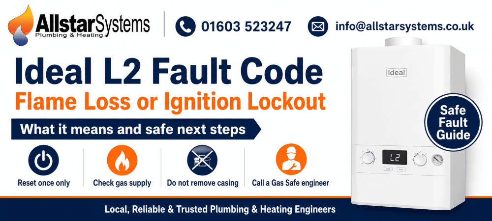 Ideal boiler showing L2 fault code for flame loss or ignition lockout