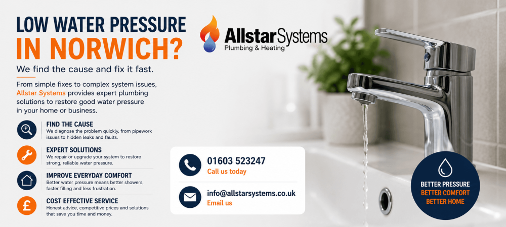 Allstar Systems low water pressure image showing a slow running tap, plumbing diagnostics, water pressure repairs and solutions for homes and businesses