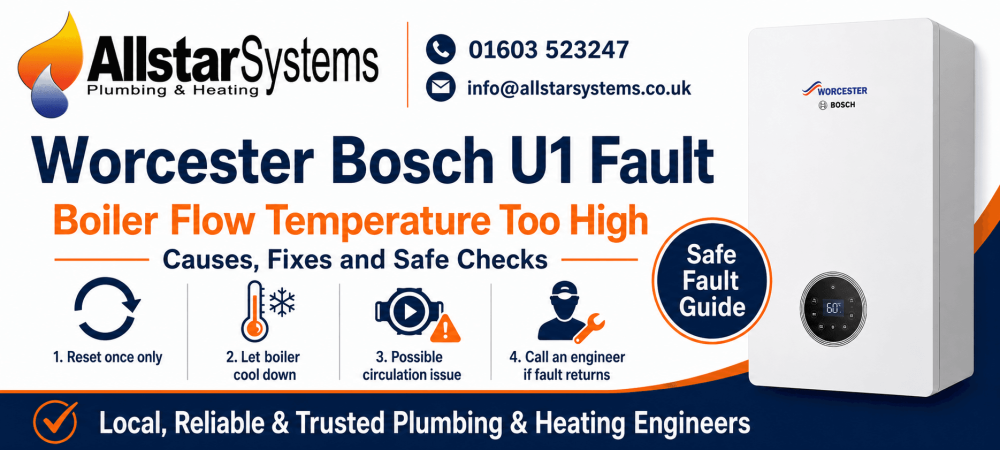 Worcester Bosch boiler showing U1 fault code for boiler flow temperature too high