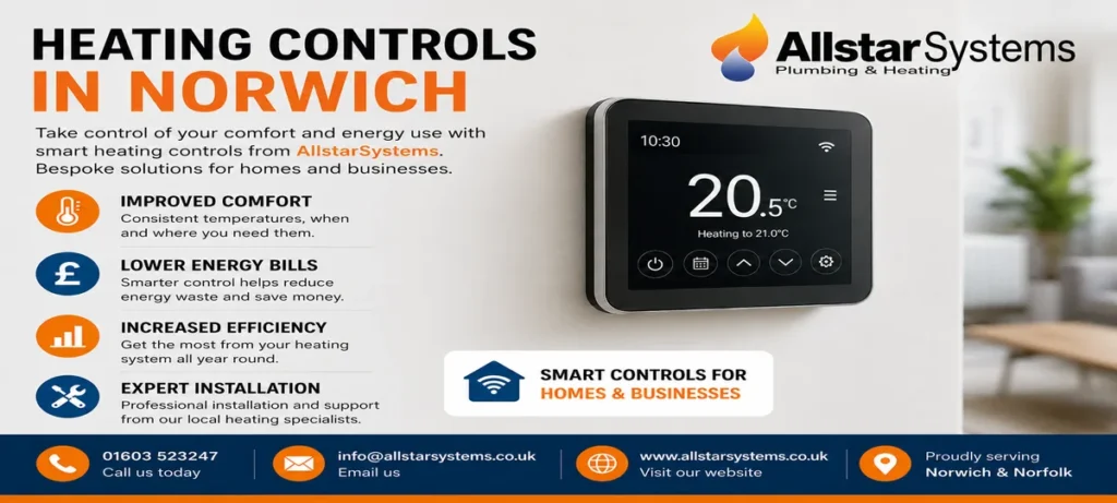 Heating Controls in Norwich: Smart Upgrades for Better Comfort and Lower Bills | Allstar Systems Ltd Allstar Systems heating controls image showing a smart thermostat, improved comfort, lower energy bills and efficient heating control for homes and businesses