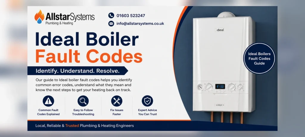 Ideal Boiler Fault Codes Explained: Common Error Codes, Causes and Safe Fixes | Allstar Systems Ltd Ideal boiler fault codes guide featured image from Allstar Systems Plumbing and Heating