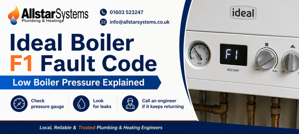 Ideal Boiler F1 Fault Code: Causes, Fixes and Safe Checks | Allstar Systems Ltd Ideal boiler F1 fault code low pressure guide from Allstar Systems Norwich Plumbing and Heating