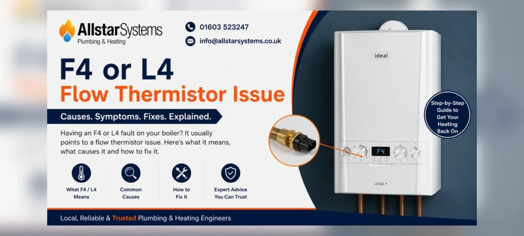 Ideal Boiler F4 or L4 Fault Code: Causes, Fixes and When to Call an Engineer | Allstar Systems Ltd Ideal F4 or L4 flow thermistor issue guide from Allstar Systems Plumbing and Heating