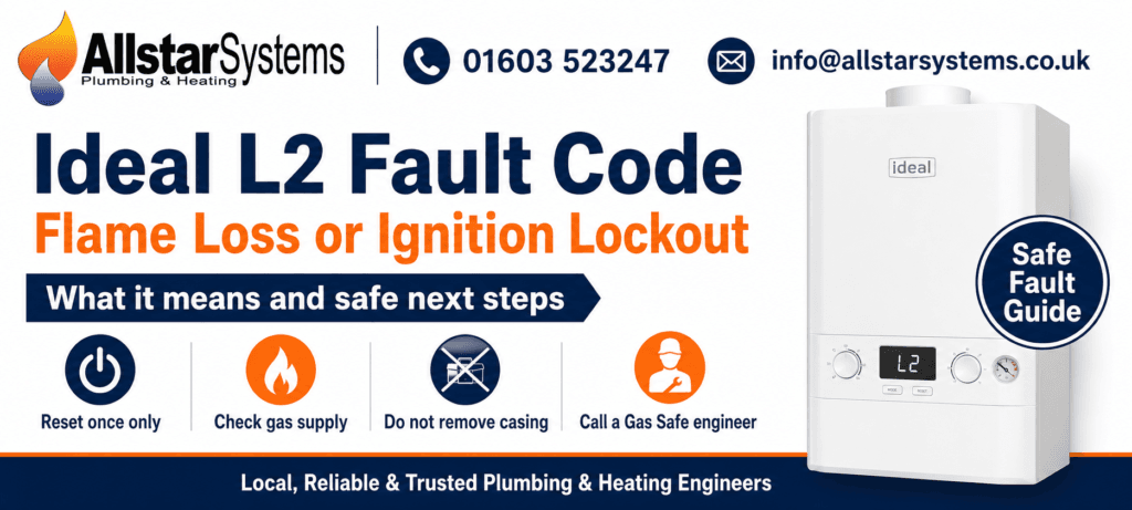 Ideal L2 Fault Code: Flame Loss or Ignition Lockout | Allstar Systems Ltd Ideal boiler showing L2 fault code for flame loss or ignition lockout
