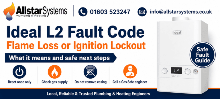 Ideal boiler showing L2 fault code for flame loss or ignition lockout