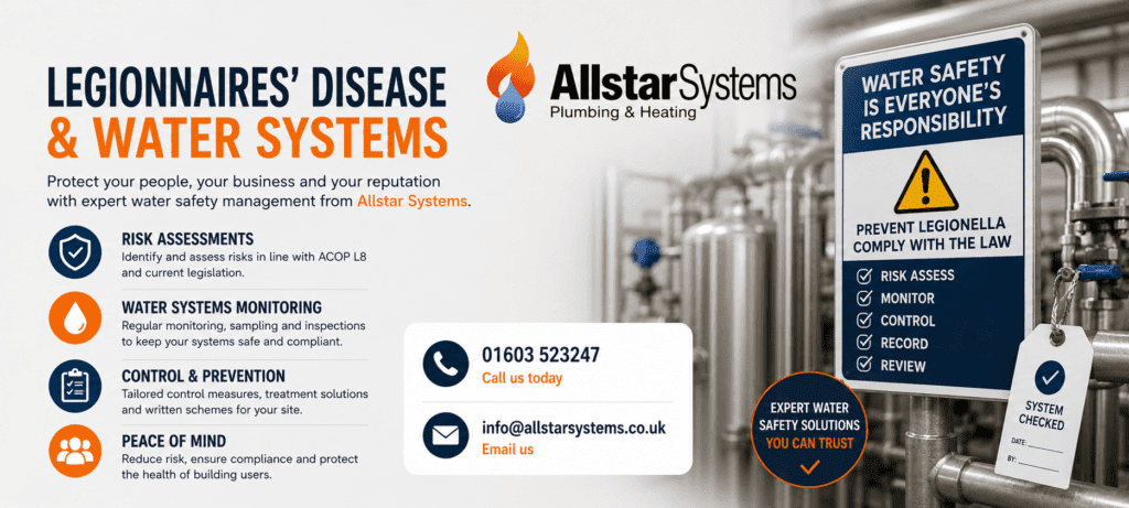 Legionnaires Disease in Water Systems: Risks, Prevention and Duties | Allstar Systems Ltd Allstar Systems Legionnaires’ disease water systems image showing water safety, risk assessments, monitoring, control and prevention for domestic and commercial plumbing systems