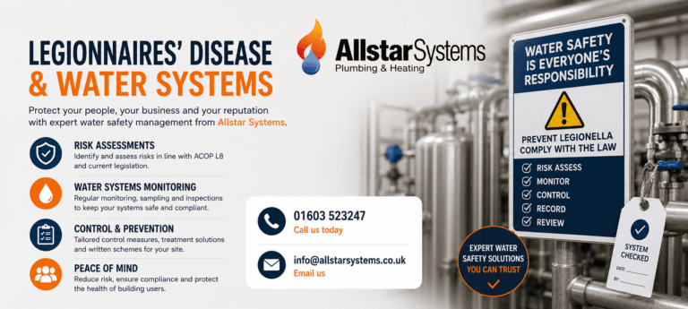 Allstar Systems Legionnaires’ disease water systems image showing water safety, risk assessments, monitoring, control and prevention for domestic and commercial plumbing systems