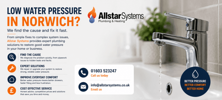 Allstar Systems low water pressure image showing a slow running tap, plumbing diagnostics, water pressure repairs and solutions for homes and businesses