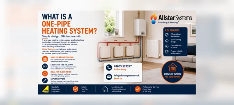 Allstar Systems one-pipe heating system image showing radiator pipework, efficient heat distribution, space-saving design and heating system support