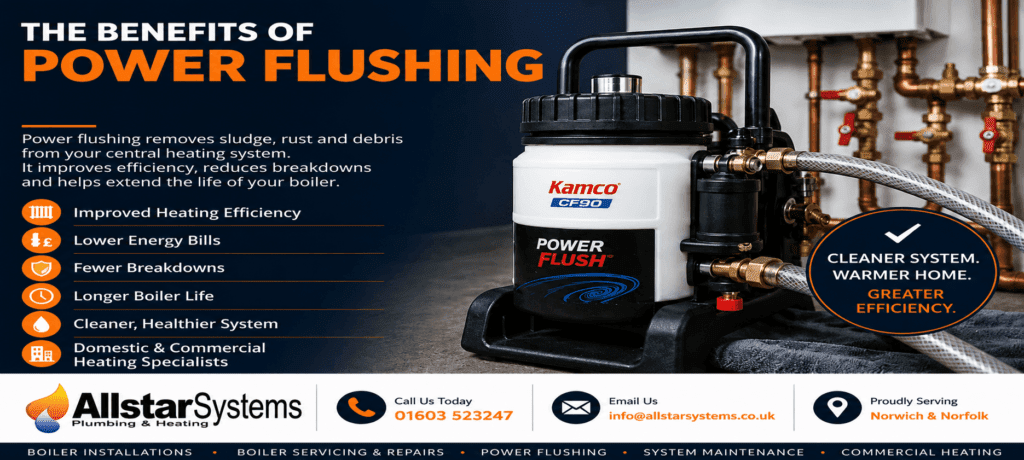 Power Flushing Norwich: Benefits, Signs and What to Expect | Allstar Systems Ltd Allstar Systems power flushing image showing heating system cleaning, improved radiator performance, better efficiency and commercial heating support