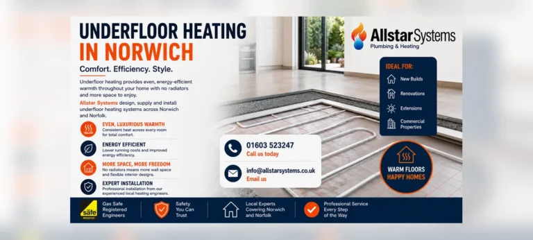 Allstar Systems underfloor heating image showing warm floors, energy efficient heating, more space, expert installation and commercial property support