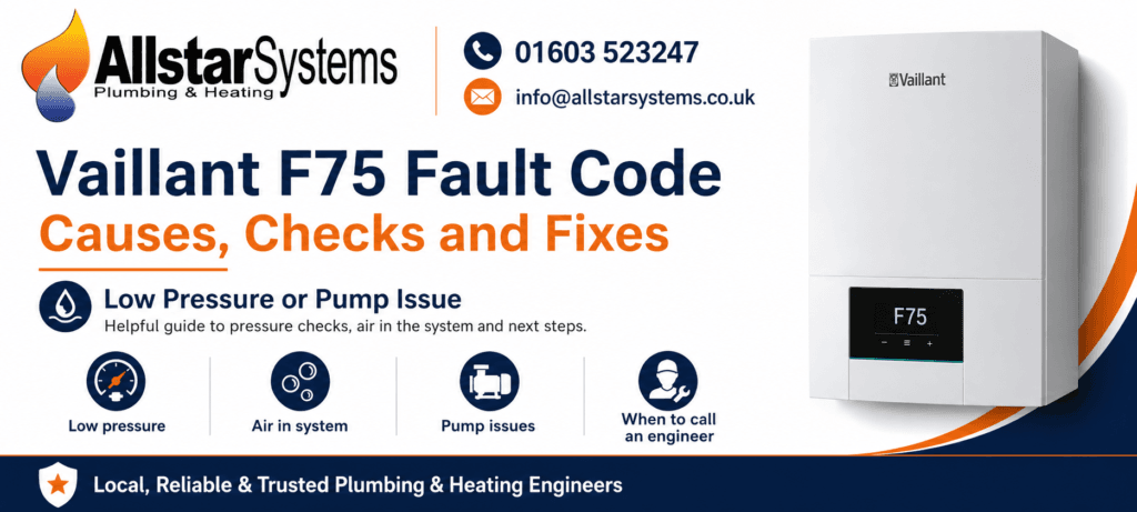 Vaillant F75 Fault Code: Causes, Checks and Fixes | Allstar Systems Ltd Vaillant F75 low pressure or pump issue guide from Allstar Systems Plumbing and Heating