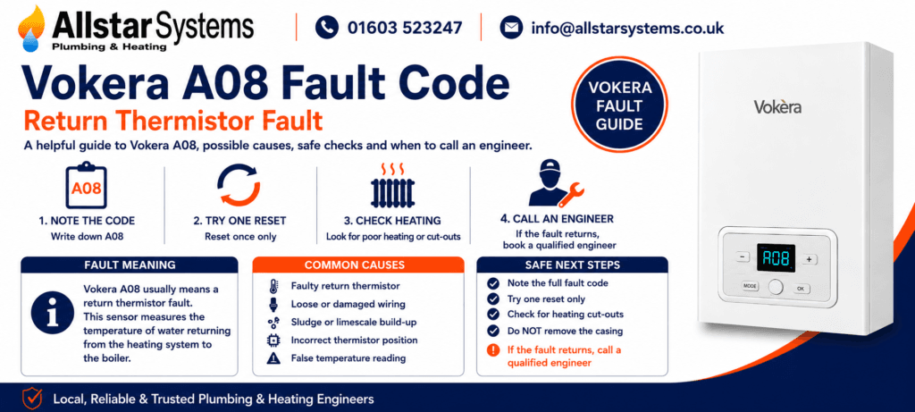 Vokera A08 Fault Code: Causes, Fixes and Safe Checks | Allstar Systems Ltd Vokera A08 fault code guide explaining a return thermistor fault, possible wiring issues, sludge or limescale build-up, heating cut-outs and engineer advice from Allstar Systems Plumbing & Heating.