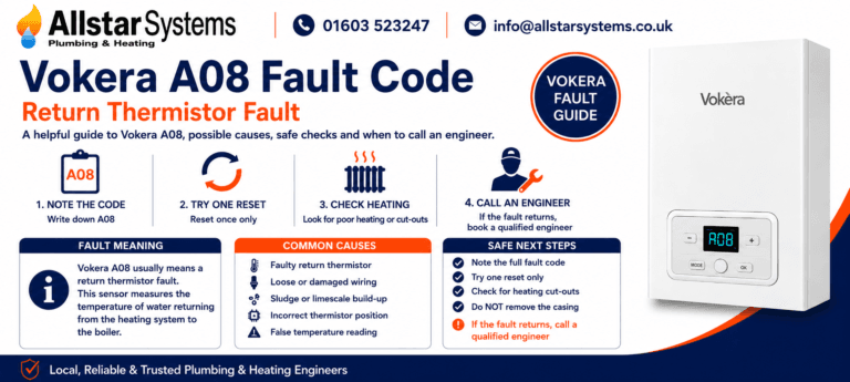 Vokera A08 fault code guide explaining a return thermistor fault, possible wiring issues, sludge or limescale build-up, heating cut-outs and engineer advice from Allstar Systems Plumbing & Heating.