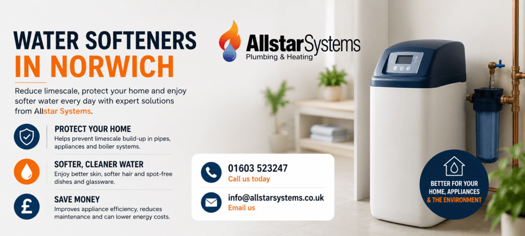 Allstar Systems water softeners image showing a home water softener system, limescale protection, softer cleaner water and appliance efficiency benefits