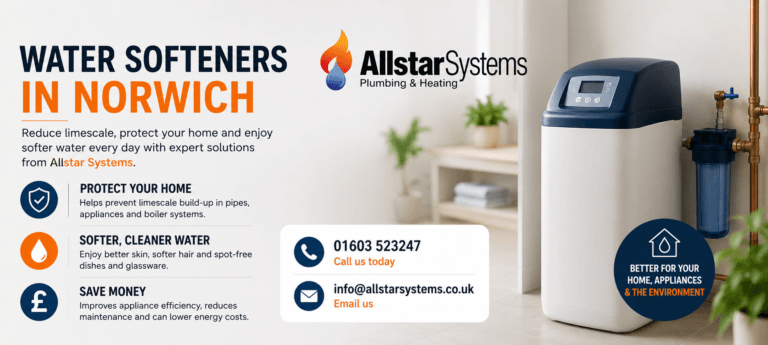 Allstar Systems water softeners image showing a home water softener system, limescale protection, softer cleaner water and appliance efficiency benefits