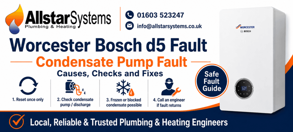 Worcester Bosch d5 Fault Code: Condensate Pump Fault | Allstar Systems Ltd Worcester Bosch boiler showing d5 fault code for a condensate pump fault