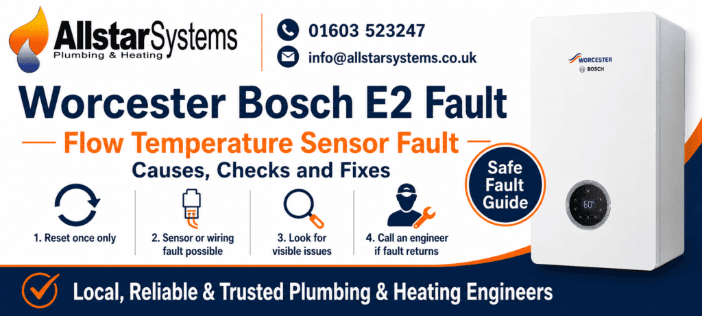 Worcester Bosch E2 Fault Code: Flow Temperature Sensor Fault Explained | Allstar Systems Ltd Worcester Bosch boiler showing E2 fault code for a flow temperature sensor fault