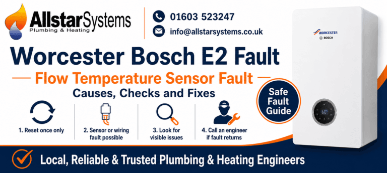 Worcester Bosch boiler showing E2 fault code for a flow temperature sensor fault