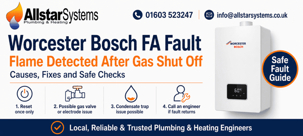 Worcester Bosch FA Fault Code: Flame Detected After Gas Shut Off Explained | Allstar Systems Ltd Worcester Bosch boiler showing FA fault code for flame detected after gas shut off